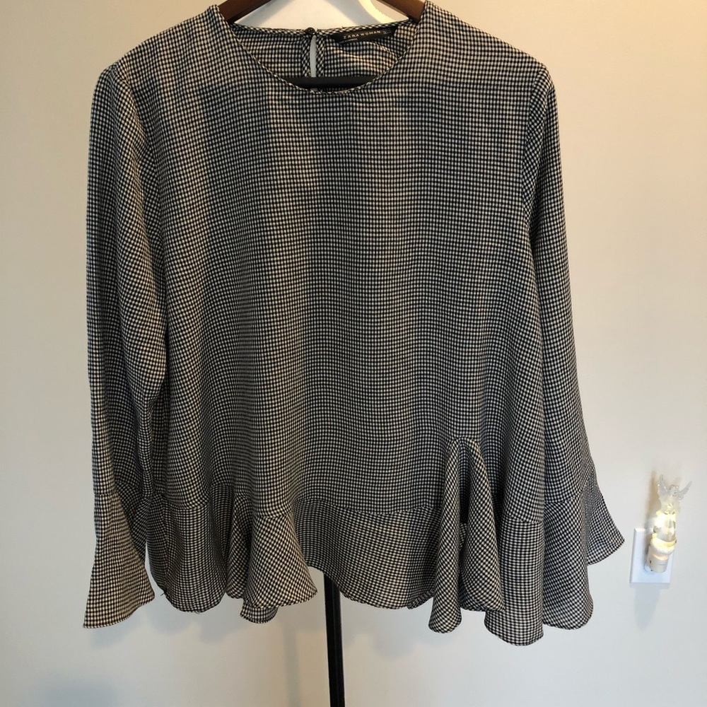 Black White Ruffled Long Sleeve Shirt